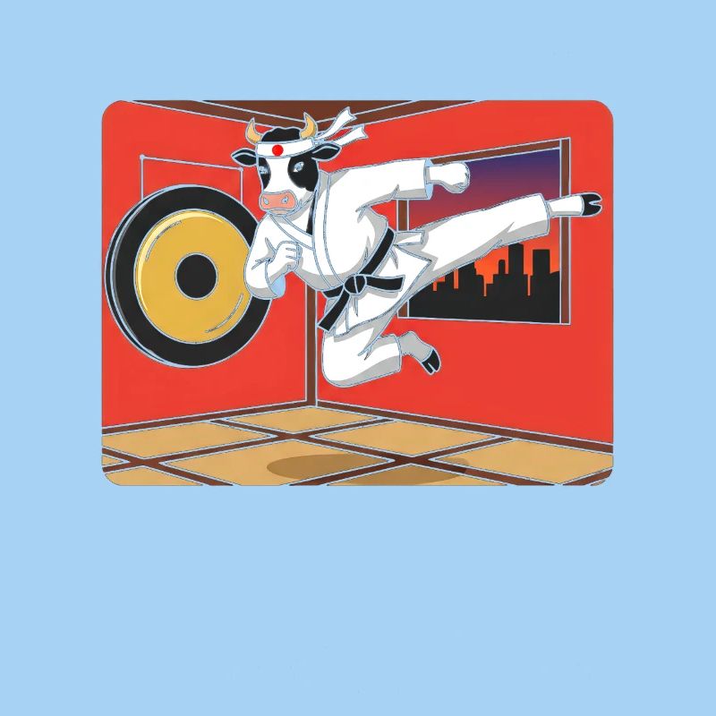 Vache en coup de karaté devant le dojo rouge