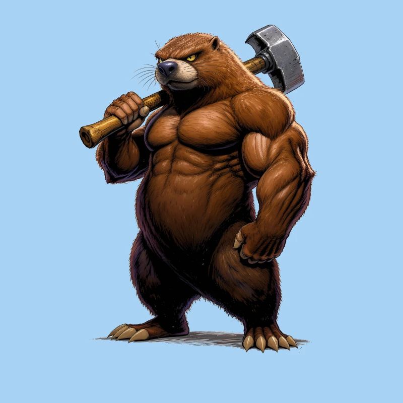 Muscular comic mole with hammer