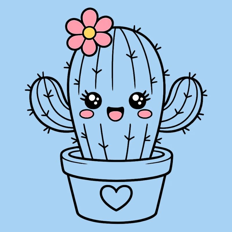 Cactus Kawaii avec fleur – Cactus de dessin animé mignon et mignon