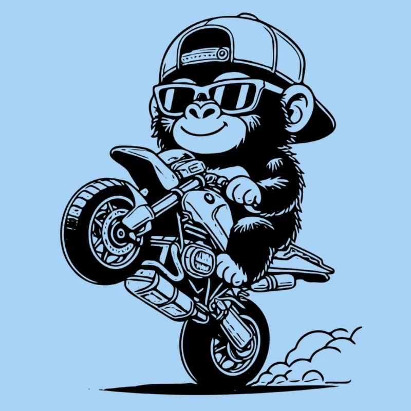 Stylish gorilla rearing up on a motorcycle