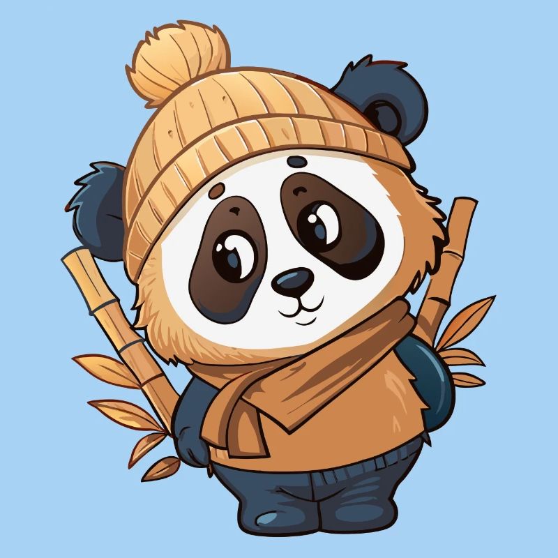 Panda mignon avec écharpe et chapeau à pompon.