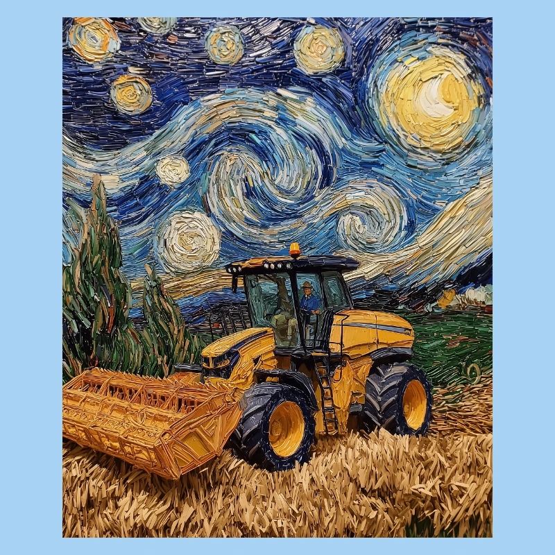 Combine Harvester Farmer Van Gogh Style Starry