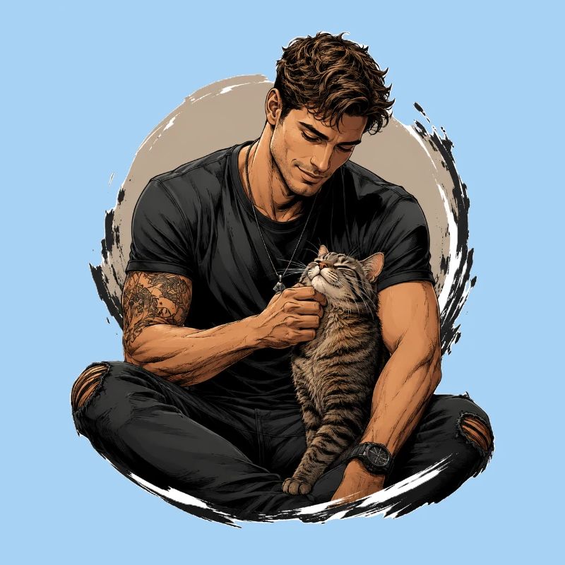 Man with cat: silent closeness