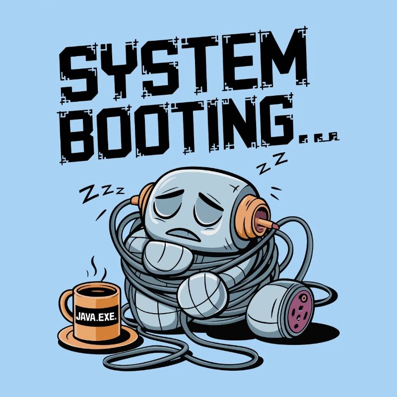 Sleepy Robot Booting with Java.exe Coffee – Funny