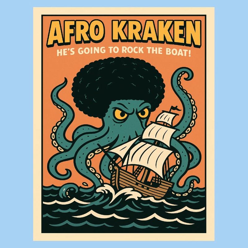 Afro Kraken on the high seas with sailing ship
