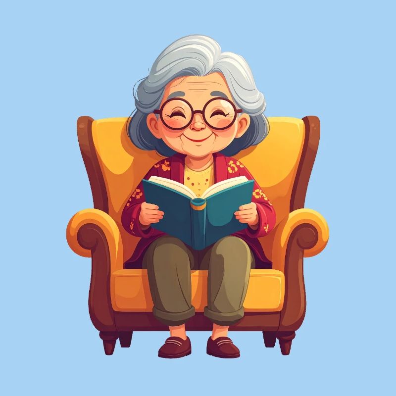 Oma sitzt im Sessel und liest ein Buch