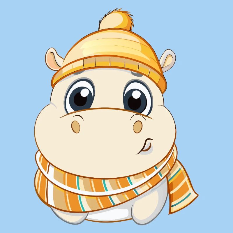 Hippopotame mignon avec écharpe et chapeau à pompon.