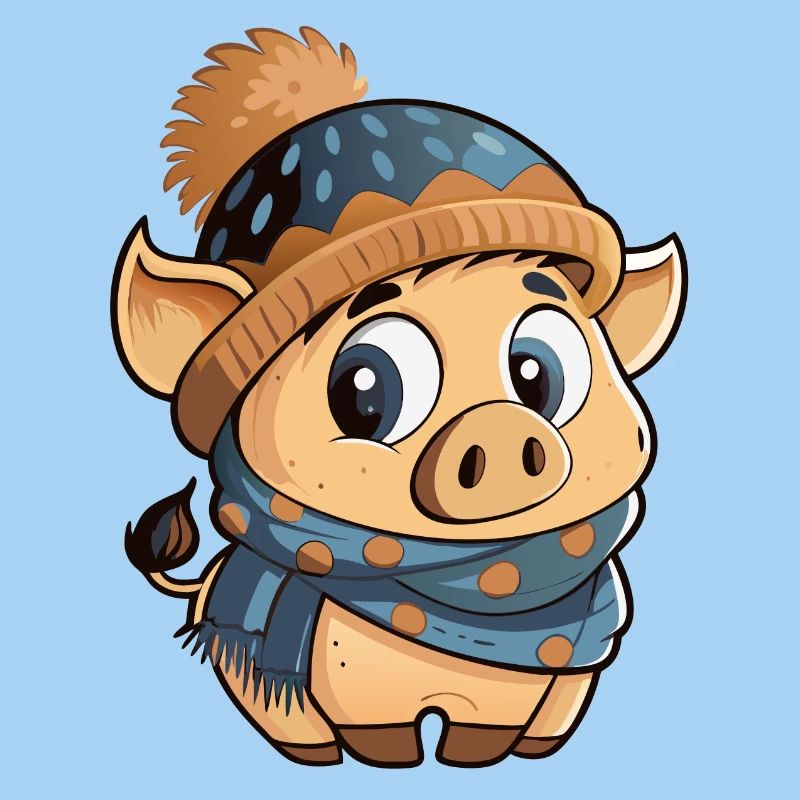Mignon cochon avec écharpe et chapeau à pompon.