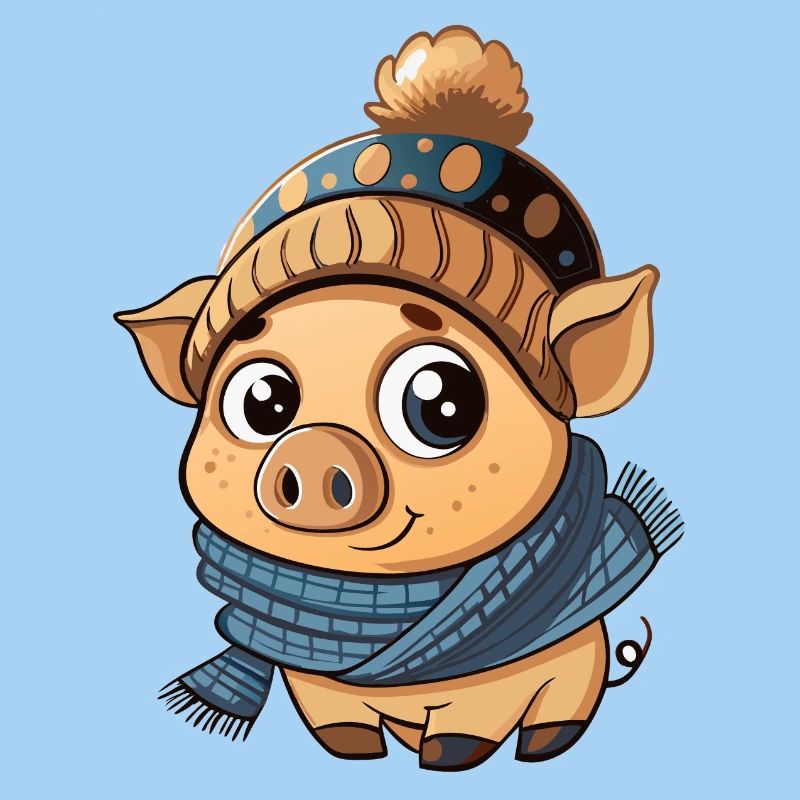 Mignon cochon avec écharpe et chapeau à pompon.