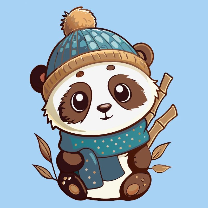 Panda mignon avec écharpe et chapeau à pompon.