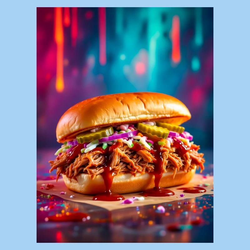 Juicy pulled pork burger surrounded by explosive