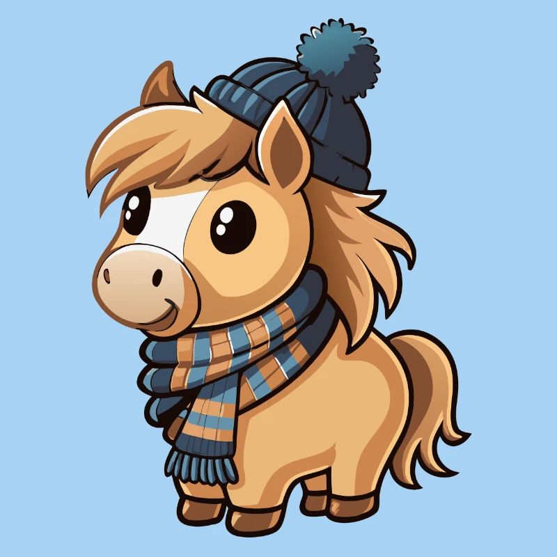 Poney mignon avec écharpe et chapeau à pompon.