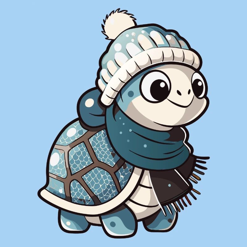 Cute turtle with scarf and bobble hat.