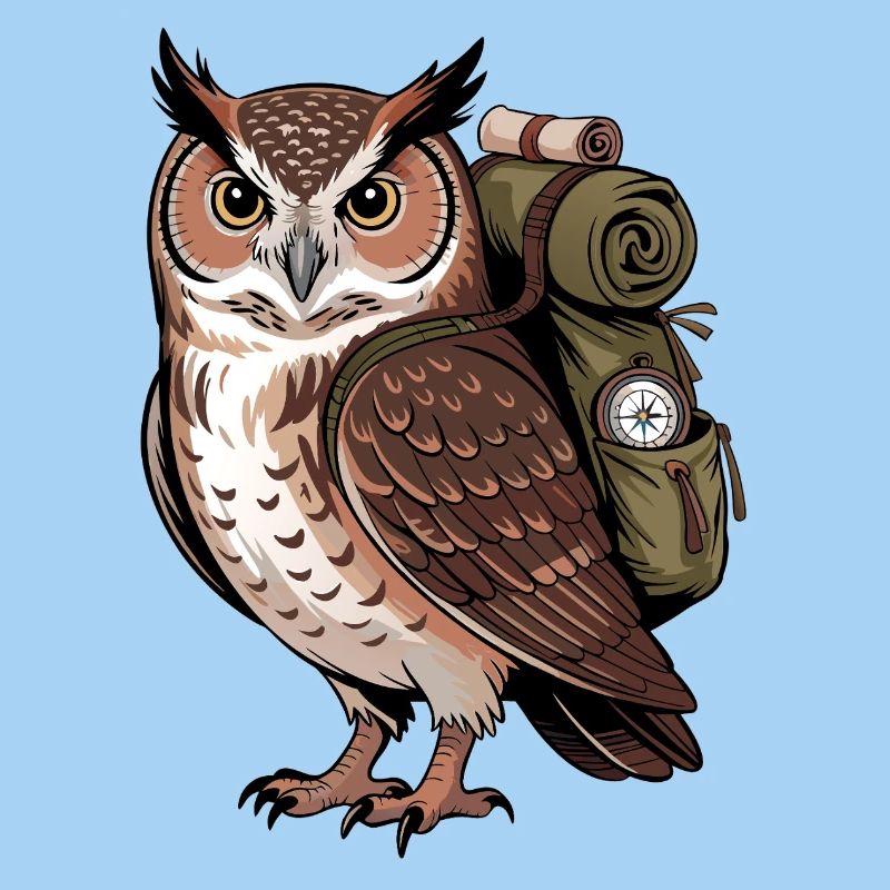 Wandernde Eule mit Rucksack