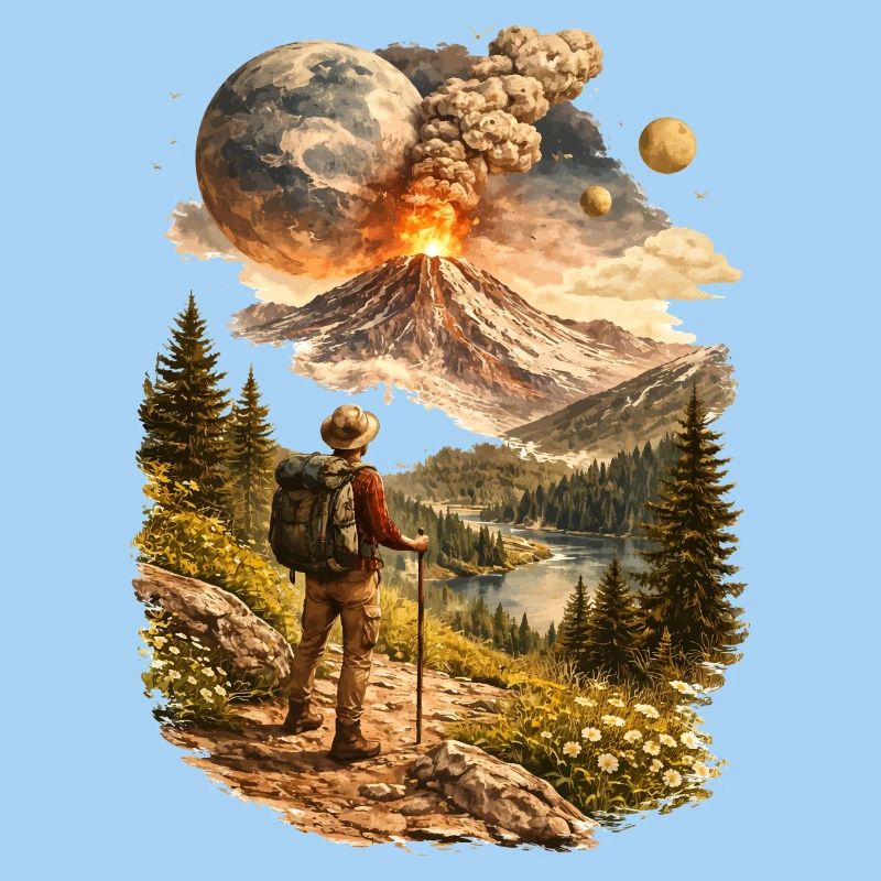 Des randonneurs devant un volcan en éruption et un monde étrange