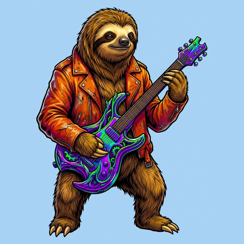 Faultier in Lederjacke mit Neon E-Gitarre