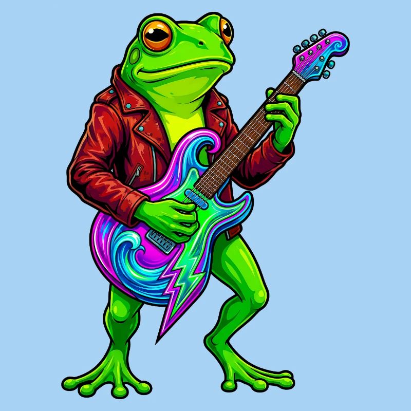 Frosch mit Jacke und Neon E-Gitarre