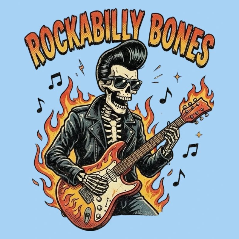Rockabilly Bones – Retro Comic Skelett mit brennen