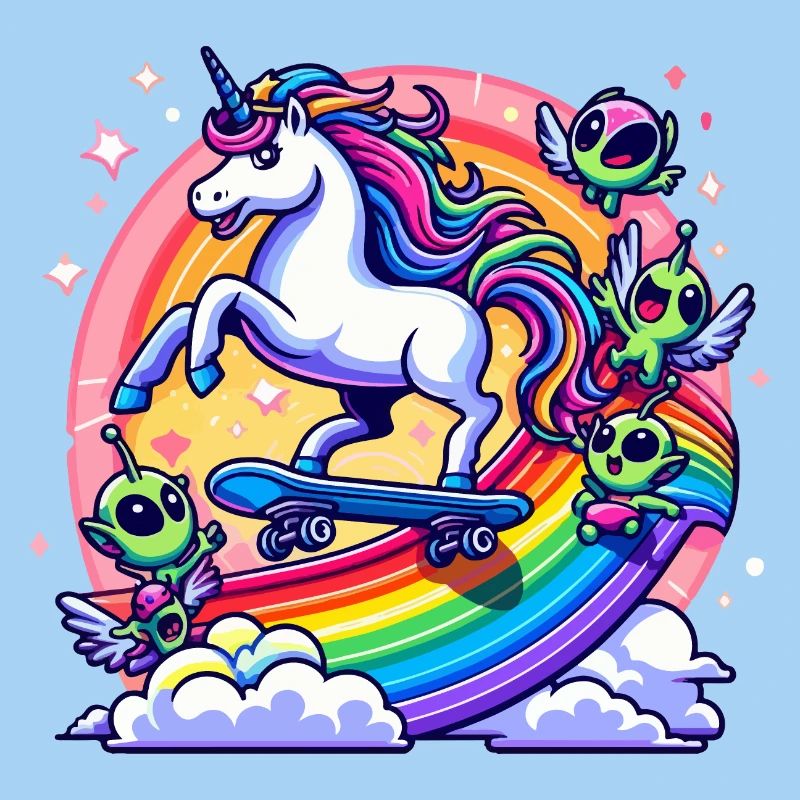 Einhorn auf einem Skateboard auf einem Regenbogen mit Aliens