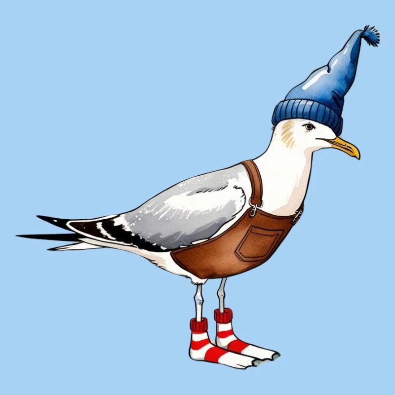 Funny seagulls illustration with cap & dungarees