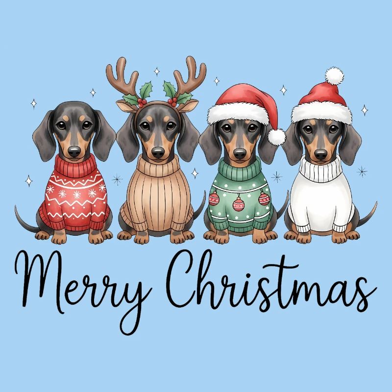 Vier Dackel, Dachshunde in Weihnachtspullover