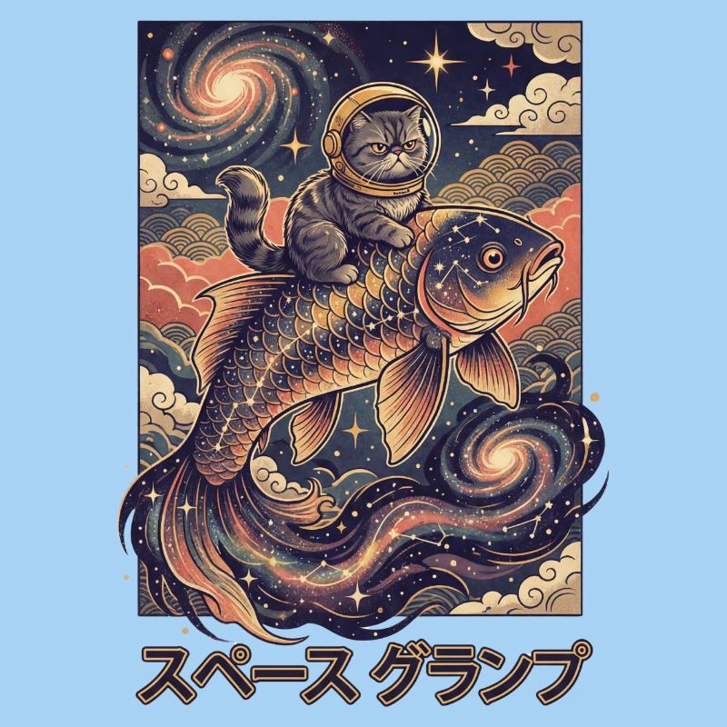 Astronaut cat on cosmic koi