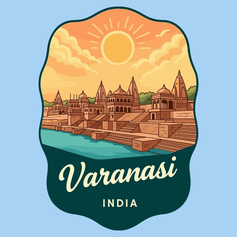 Varanasi-Ganges-Fluss Retro-Sonnenuntergangs-Reiseabzeichen