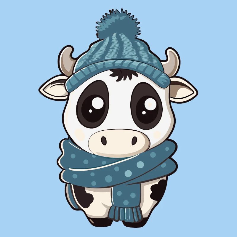 Vache mignonne avec écharpe et chapeau pompon – Mignon