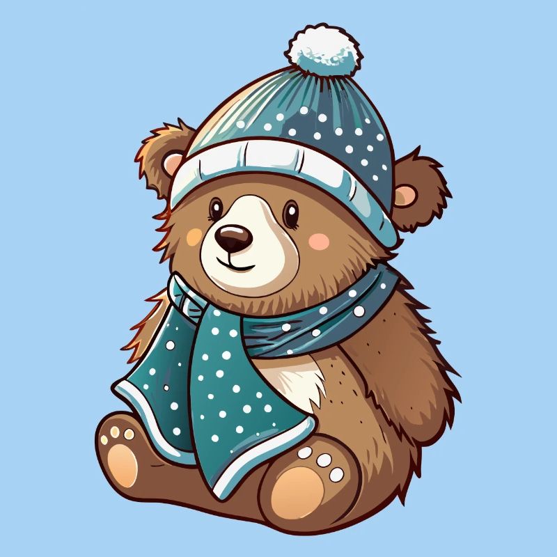 Cute bear with scarf and bobble hat.