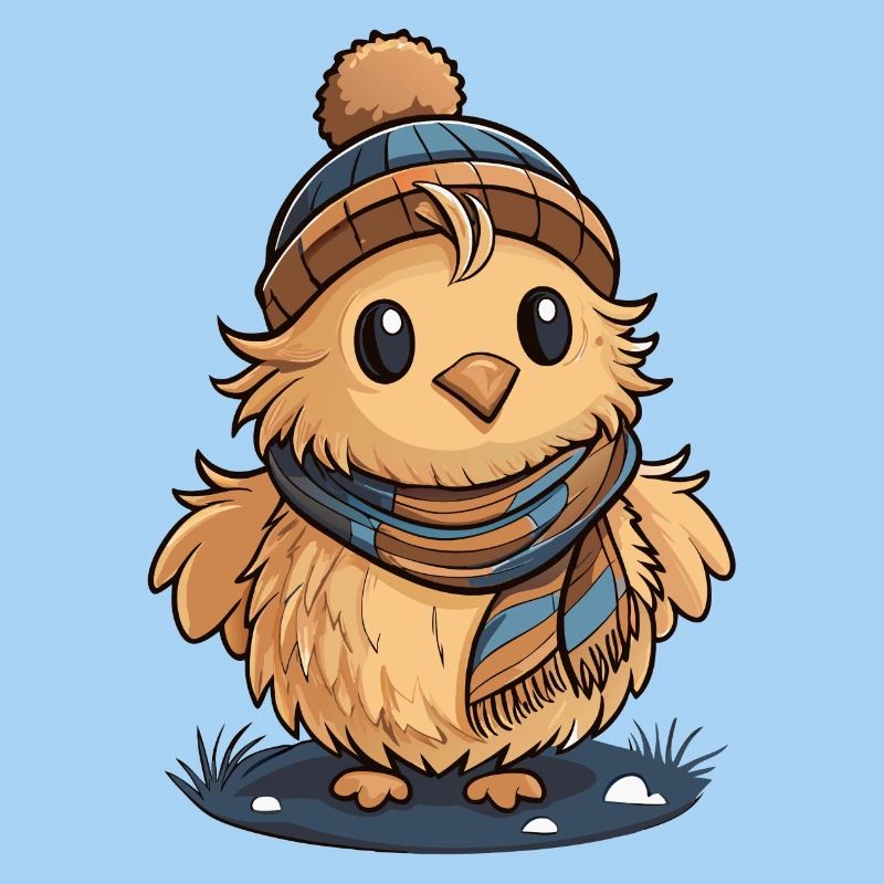 Mignon caneton avec écharpe et bonnet à pompon.