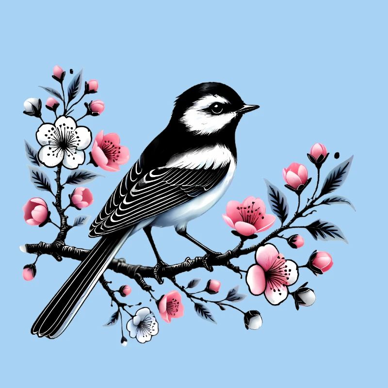 Chicadée sur le dessin d’une branche fleurie