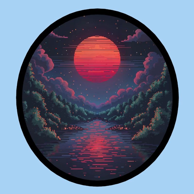 Pixel sunset over the water
