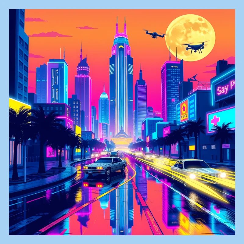 Retro Wave Stadtbild: Eine nostalgische Reise durch