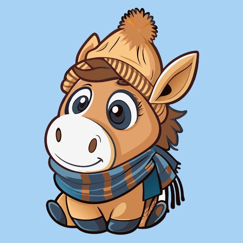 Cute donkey with scarf and bobble hat.