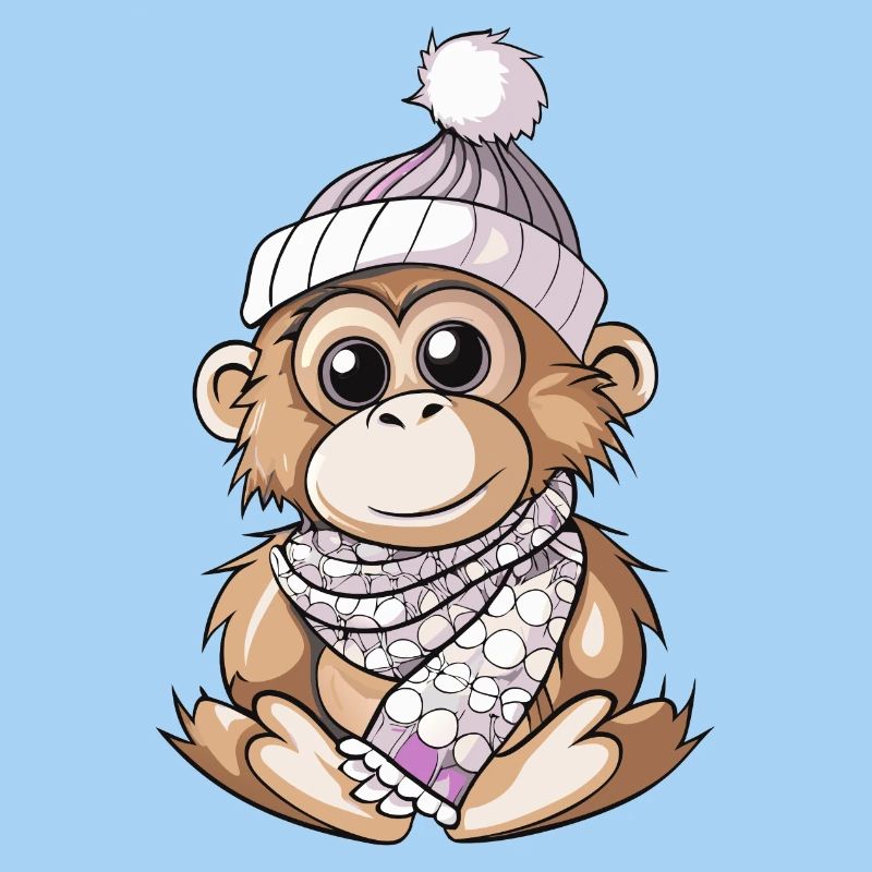Cute orangutan with scarf and bobble hat.