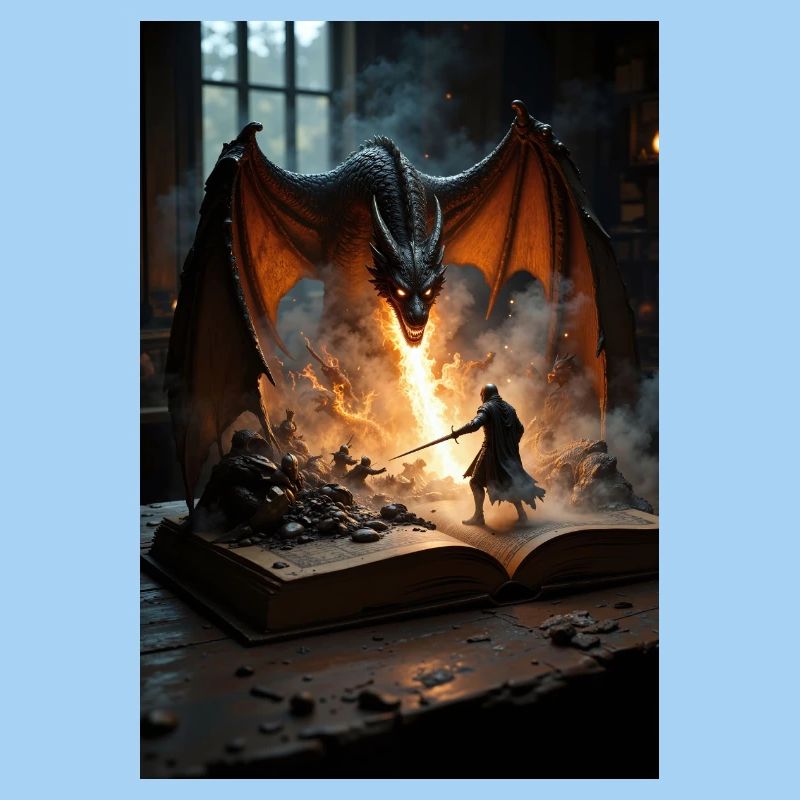 Ein Fantasy-Gemälde, ein Drache aus einem Buch.
