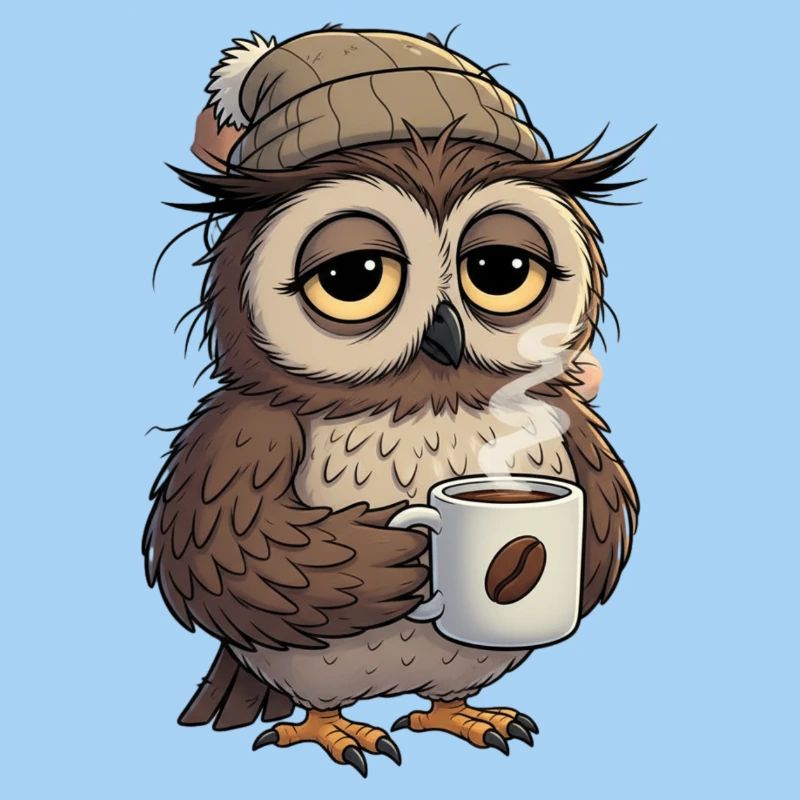 Verschlafene Eule Mit Kaffeetasse Cartoon