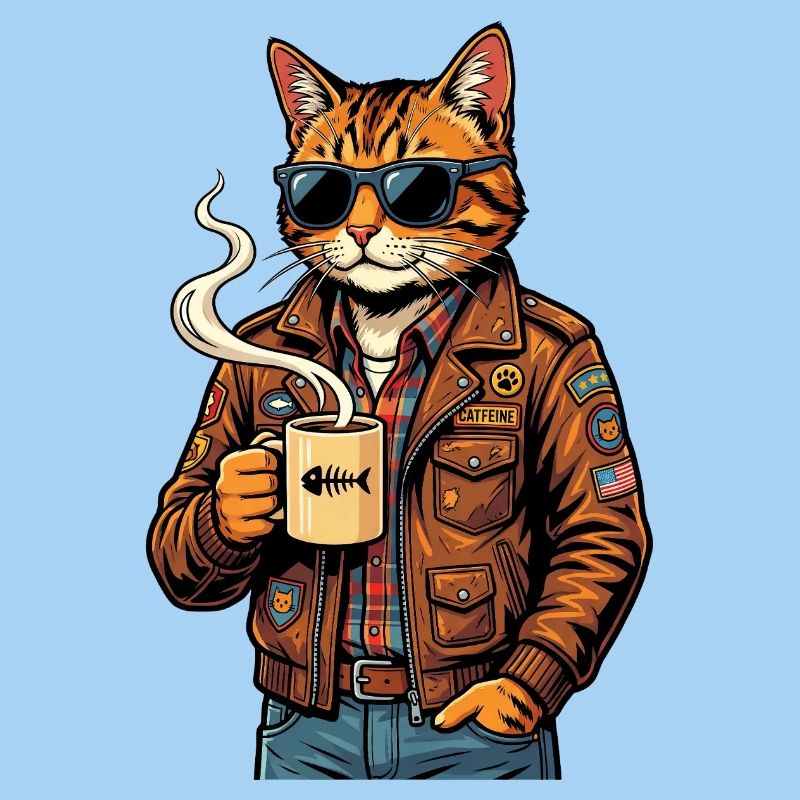 Cat biker with coffee