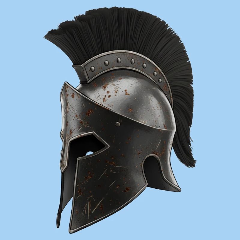 Rostiger Kriegerhelm mit schwarzer Feder
