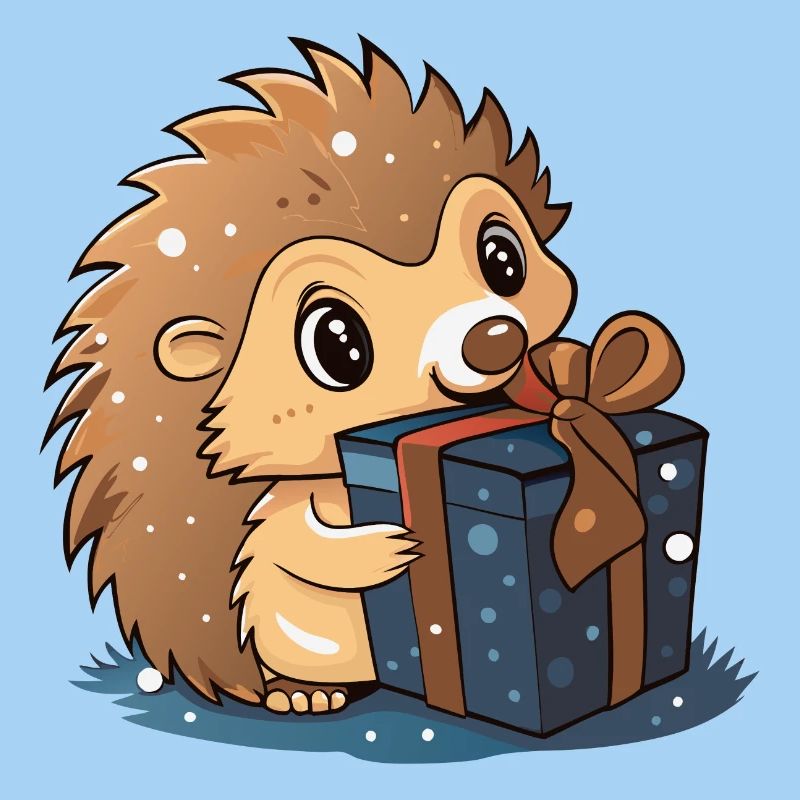 Cute hedgehog unwraps gift
