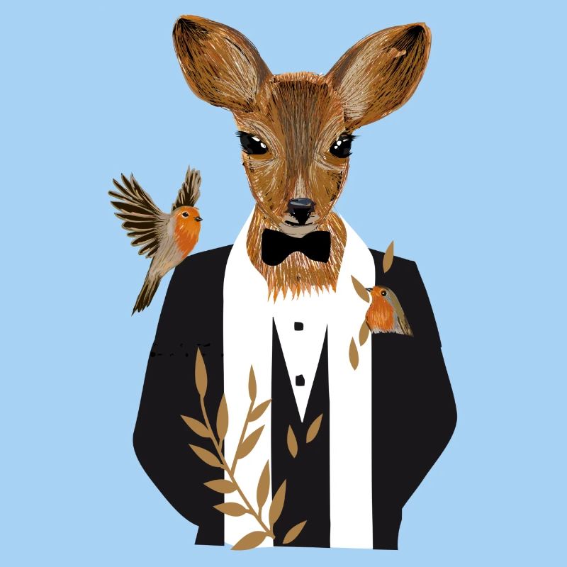 A deer in a black tuxedo