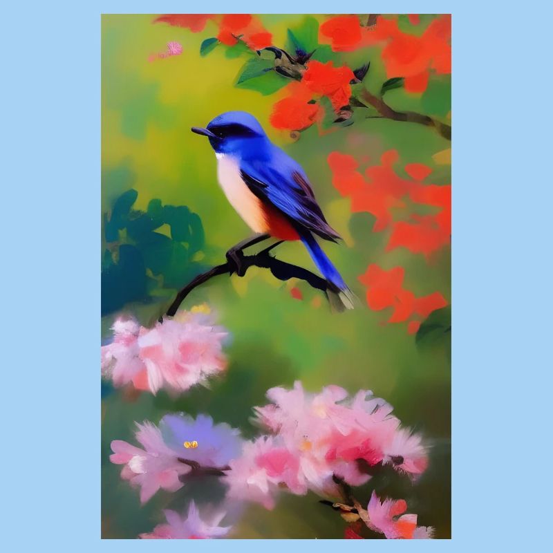 Oiseau sur branche avec fleurs