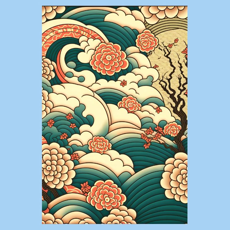 Wave Roses Ukiyo Clouds Pattern