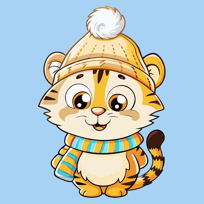 Tigre mignon avec écharpe et chapeau à pompon.