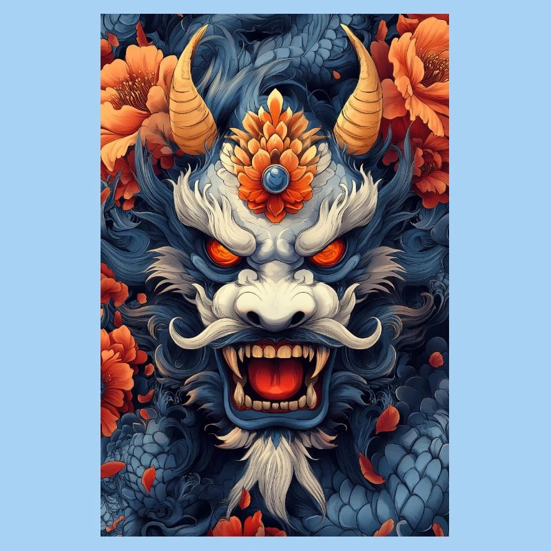 Tête de Dragon Bleue avec des Fleurs de Feu