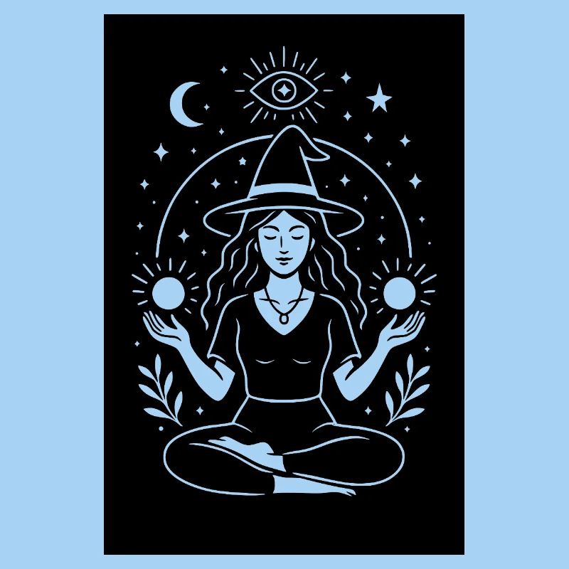 Witch in meditation – magic and energy, black background