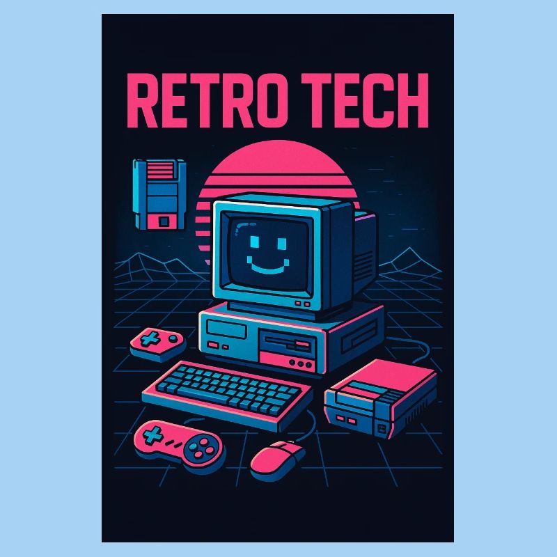 Retro Tech Computer Grafikdesigner mit Lächeln