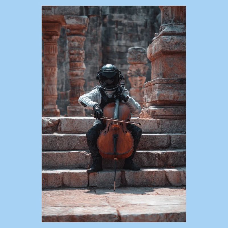 Astronaute cosmique jouant du violoncelle