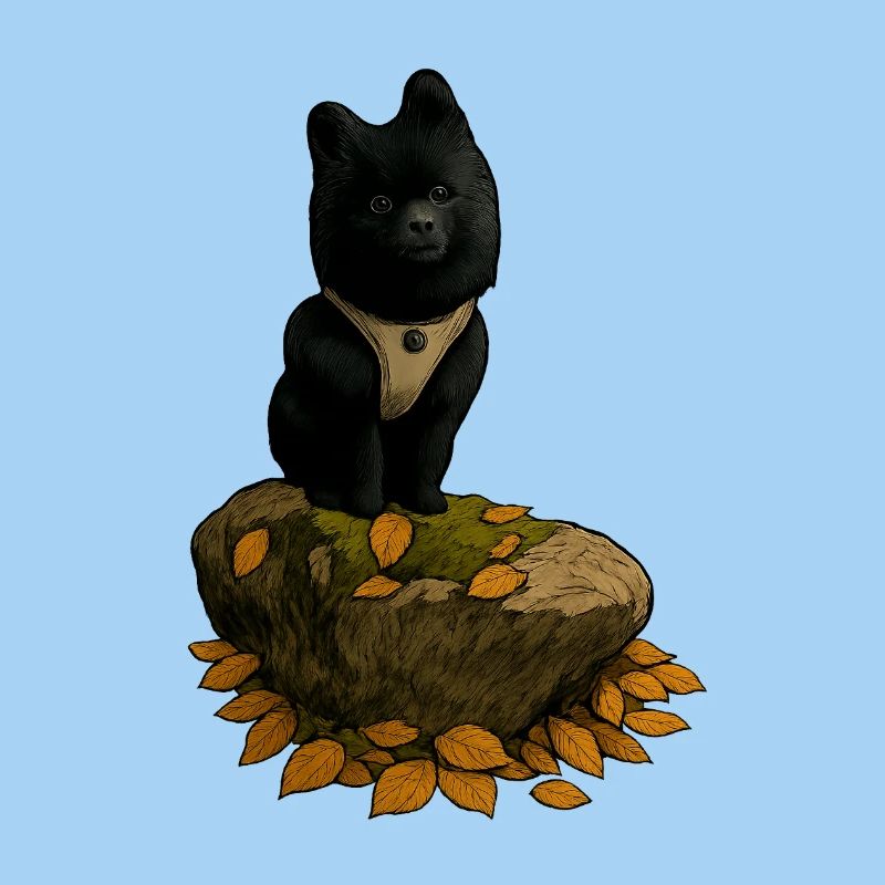 Schwarzer Spitz Hund auf Baumstamm