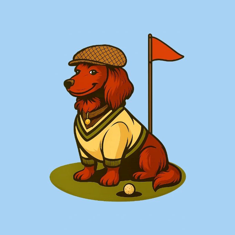 Teckel de golf en tenue rétro avec drapeau.